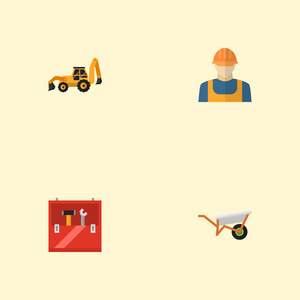 一套行业图标平面式符号与建设者, 手推车, 拖拉机挖掘装载机和其他图标为您的 web 移动应用程序徽标设计