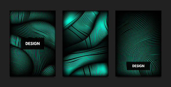 波形线失真。绿色的抽象背景, 具有鲜明的渐变。运动和音量效应。未来的封面模板设置为演示文稿, 海报, 小册子。3d 形状失真