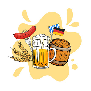 玻璃啤酒杯,桶,香肠,谷物,德国国旗元素海报,横幅,标志,徽章照片