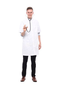 男医生穿着带听诊器的特别制服
