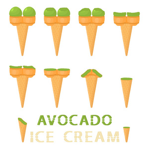 华夫饼锥上天然鳄梨冰淇淋的矢量插图。 冰淇淋图案由甜的冷冰淇淋美味的冷冻甜点组成。 晶片锥中牛油果的新鲜水果冰淇淋。