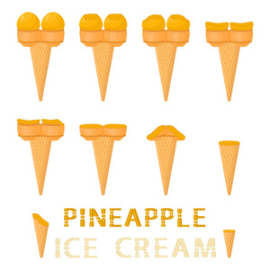 华夫饼锥上天然菠萝冰淇淋的矢量插图。 冰淇淋图案由甜的冷冰淇淋美味的冷冻甜点组成。 菠萝的新鲜水果冰淇淋在晶片锥中。