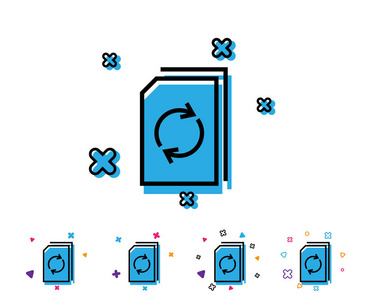 更新文档行图标。 刷新信息文件标志。 纸页概念符号。 带有几何元素的线条图标。 色彩鲜艳的设计。 向量