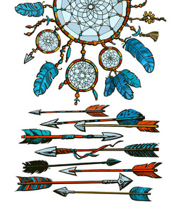美洲印第安人的梦想捕手带箭。 成人纹身T恤或着色书的设计。 手绘草图矢量插图在Boho风格孤立在白色背景上。