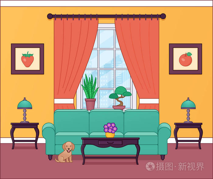 矢量图. 概述家庭平面设计与家具窗狗. 卡通房屋设备.