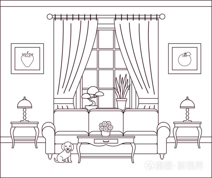 插画 客厅内部. 矢量图. 轮廓草图. 家庭平面设计与家具窗狗.