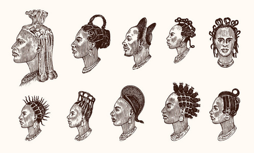 非洲国家男性发型。头发卷曲的男人的轮廓。不同的非洲辫子。古代人的面孔。肖像雕刻的手画的旧素描。南部部落