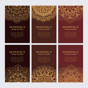 曼达拉设计模板矢量收集。 一套豪华的金色东方装饰在棕色背景上的身份网络和版画