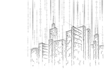 低聚智能城市3d 丝网。智能楼宇自动化系统的经营理念。二进制码号数据流。建筑城市景观技术素描横幅矢量插图