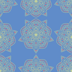 蓝色无缝图案与花卉设计。 彩色背景，红色黄花元素，用于壁纸纺织品和织物