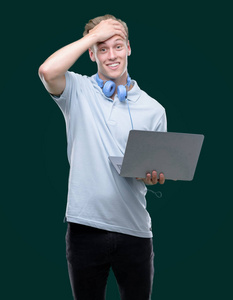 年轻英俊的金发男人使用笔记本电脑，用手压在头上，羞愧和惊讶的脸，愤怒和沮丧。 因为错误而恐惧和不安。