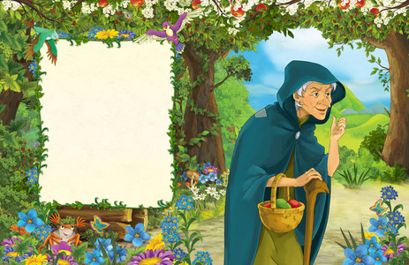 卡通场景与女巫在森林标题页与空间的文本插图儿童
