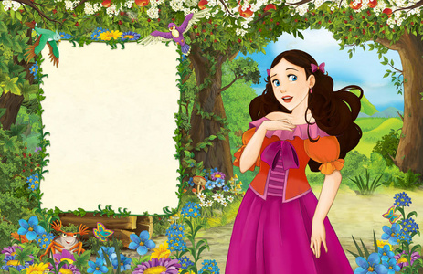 卡通场景与公主在森林标题页与空间的文本插图儿童