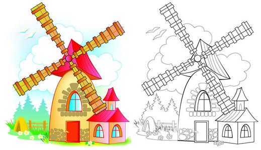 仙境玩具风车的插图。 彩色和黑白图案的着色。 儿童和成人工作表。 矢量图像。