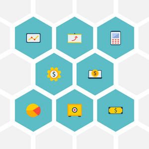 一套金融图标平面样式符号与演示文稿, 笔记本电脑货币, 美元和其他图标为您的 web 移动应用程序徽标设计