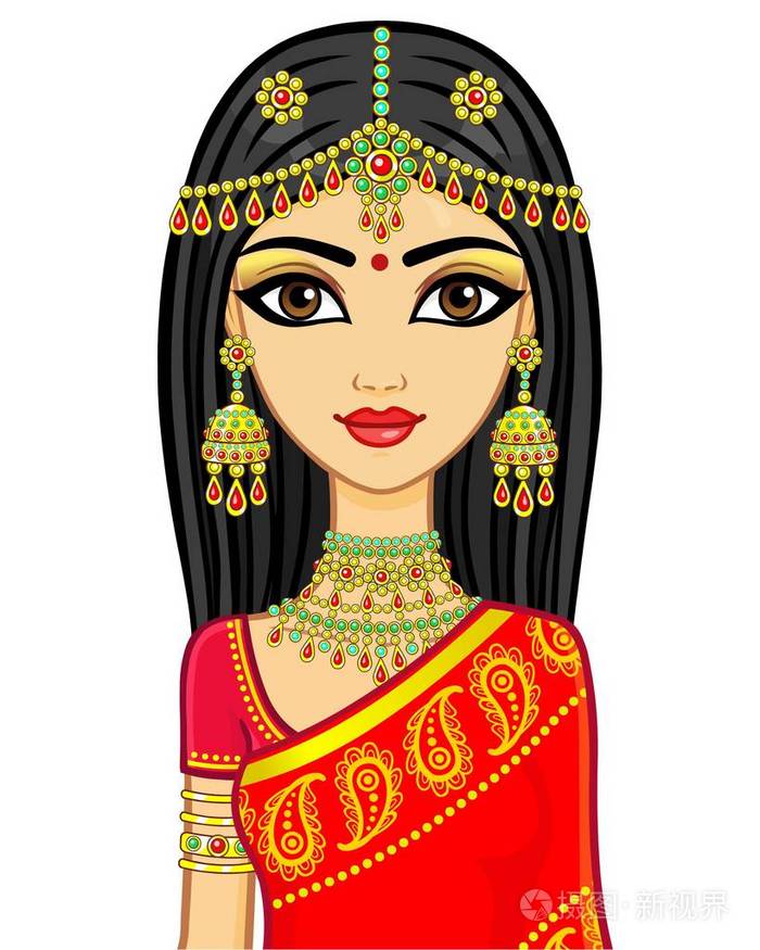 穿传统衣服的年轻印度女孩的动画肖像. 童话公主.