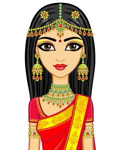 亚洲美人。 穿传统衣服的年轻印度女孩的动画肖像。 童话公主。 在白色背景上隔离的矢量插图。