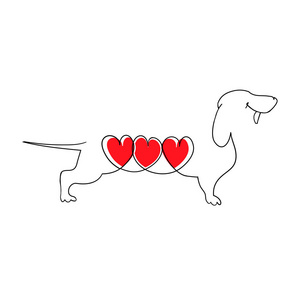 三颗心的猎犬。卡通猎犬的爱情。狗的心脏。矢量插图的平面样式。手绘矢量插图被隔离在白色, 标志, t恤设计