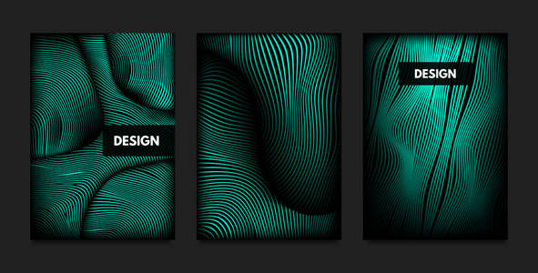 波形线失真。绿色的抽象背景, 具有鲜明的渐变。运动和音量效应。未来的封面模板设置为演示文稿, 海报, 小册子。3d 形状失真