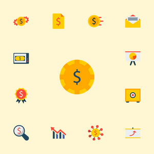 一套经济图标平面式符号与金融新闻, 安全, 货币流动和其他图标为您的 web 移动应用程序徽标设计