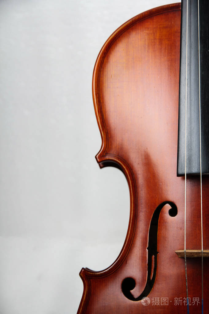 特写木制小提琴的半前侧在白色背景的右侧