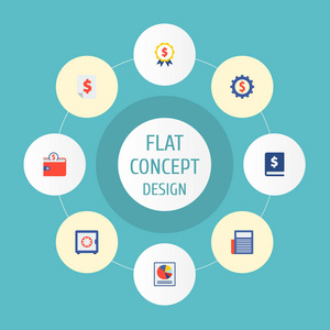 一套金融图标平面样式符号, 带有饼图新闻钱包和其他图标, 用于您的 web 移动应用徽标设计
