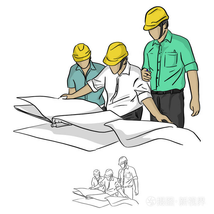 三名施工工程师在施工现场看蓝图矢量图素描涂鸦用白色背景上隔离的