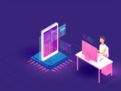 编码和编程概念,等距智能手机与处理器芯片,分析师或开发人员在桌面上