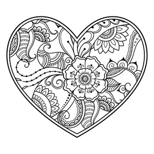 梅恩迪花图案以心的形式与莲花进行指甲花的绘制和纹身。 东方印度民族风格的装饰。 着色书页。