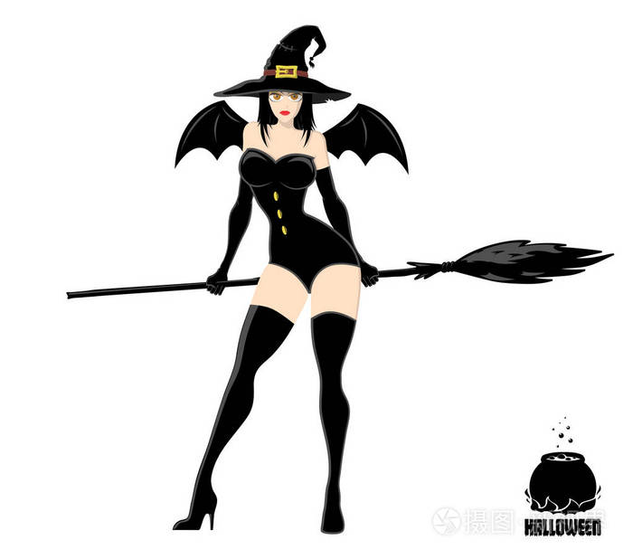 戴着扫帚的魔法帽子的漂亮女巫万圣节横幅或节日卡的设计元素在白色