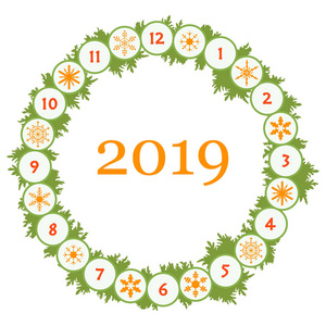 带有冷杉枝和雪花的圣诞花环。 新年和圣诞节象征。 新年快乐2019年卡。