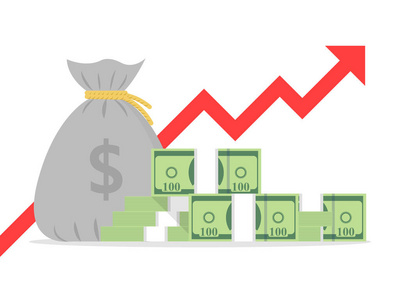 利润货币或预算矢量图平面卡通纸堆现金和上升图箭头企业成功经济或