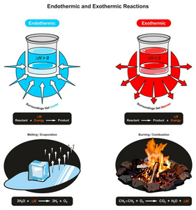 吸热和放热反应信息图表显示反应物能量与产物之间的关系，也是化学科学教育中冰块熔化和燃烧的例子