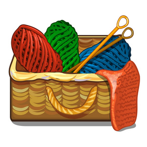 一套五颜六色的毛线纱和针织针的缠结在一个柳条板条箱在白色背景下隔离。矢量卡通特写插图