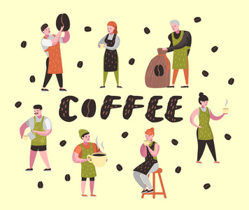 咖啡店里的男人和女人都是扁平的人物。卡通咖啡厅工作人员与杯子, 杯子和咖啡豆。矢量插图