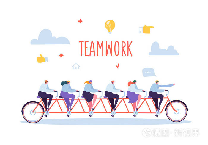 平人字骑六人串联自行车.男人和女人的集体性能.矢量插图