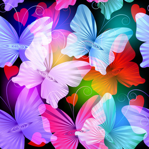 彩色发光的径向蝴蝶矢量无缝图案. 抽象明亮的多色闪亮的背景.