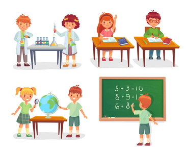 小学学生在化学课上, 学习地理地球仪或坐在桌上矢量卡通插图照片
