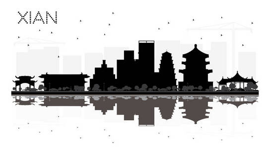 西安中国城市天际线黑白轮廓与倒影。 矢量图。 简单的平面概念旅游展示横幅标语或网站。 西安城市景观与地标。
