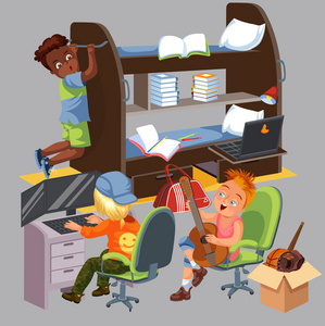 平住男生宿舍房间五颜六色的海报.一起住在宿舍的大学生矢量插画照片