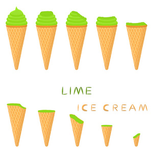 华夫饼锥上天然石灰冰淇淋的矢量插图。 冰淇淋图案由甜的冷冰淇淋美味的冷冻甜点组成。 新鲜水果冰淇淋的绿色石灰在晶片锥。