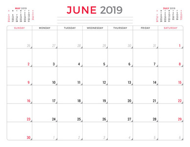 2019年6月日历规划师文具设计模板。 矢量图。 星期天开始