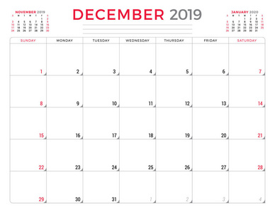 2019年12月日历规划师文具设计模板。 矢量图。 星期天开始
