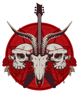 矢量插图与头骨的角动物和人类电吉他和红玫瑰的背景萨坦星。 现代风格T恤设计创意插图