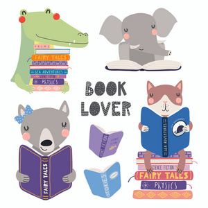 一套可爱的有趣动物与书籍和引用书爱好者隔离在白色。 手绘矢量插图。 斯堪的纳维亚风格的平面设计。 儿童印刷的概念。