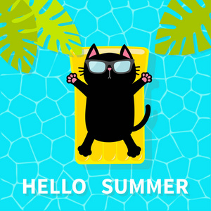 你好夏天。 游泳池。 黑色猫漂浮在黄色的游泳池浮水床垫上。 顶部的空中景观。 太阳镜。 救生圈。 棕榈树叶。 可爱卡通放松人物平