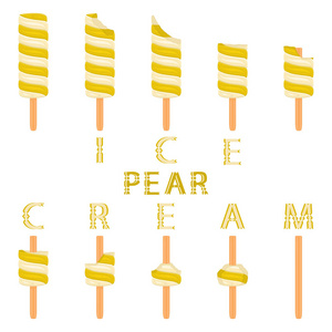 矢量插图标志天然梨冰淇淋在棍子上。 冰淇淋图案由甜的冷冰淇淋组成，设置美味的冷冻甜点。 油条上梨的新鲜水果冰淇淋。