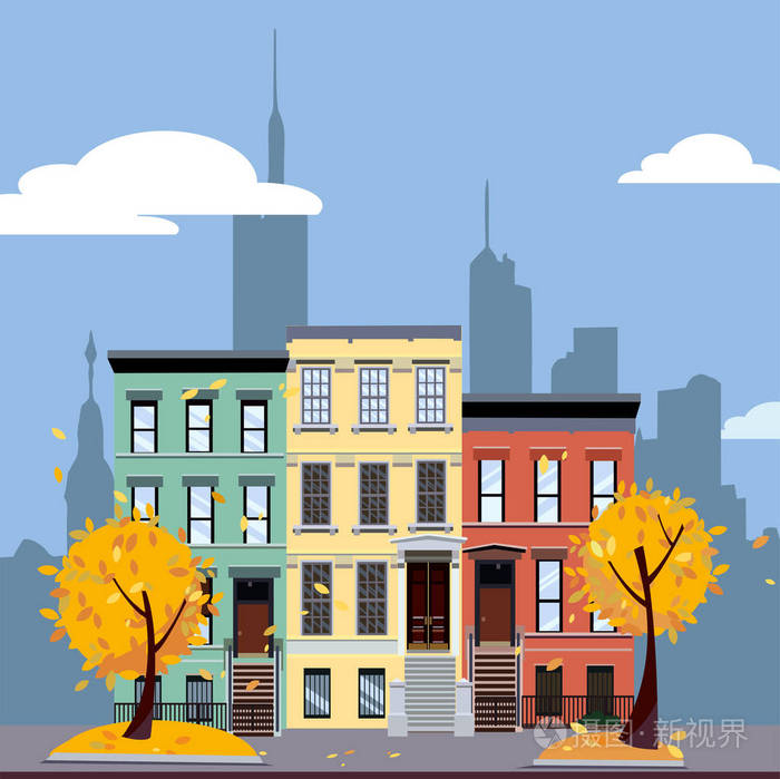 平面卡通矢量插画的秋季城市景观.黄叶街道景观