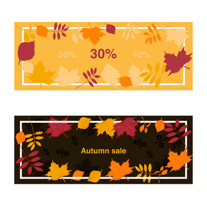 关于秋天的五颜六色的横幅。 红色橙色和黄色落叶的矢量图。 季节销售海报与白色框架。