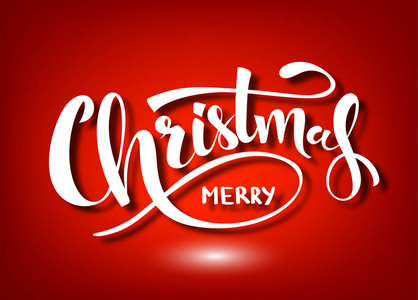 新年。 圣诞快乐手写字母。 白色文本隔离在红色背景上。 圣诞假期排版。 矢量图。